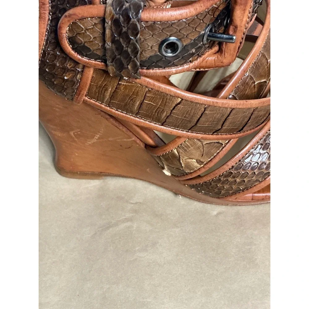 Alexandre‎ Birman Snakeskin Strappy Wedge Sandals Brown Leather Heels